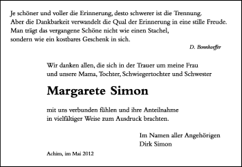 Todesanzeige von Margarete Simon von KREISZEITUNG SYKE