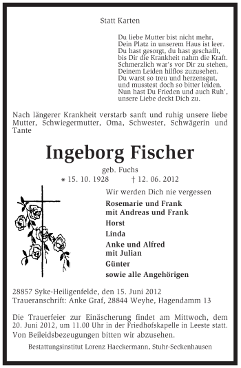 Todesanzeige von Ingeborg Fischer von KREISZEITUNG SYKE