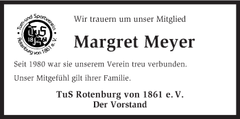 Todesanzeige von Margret Meyer von KRZ