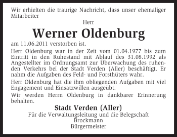 Todesanzeige von Werner Oldenburg von KREISZEITUNG SYKE