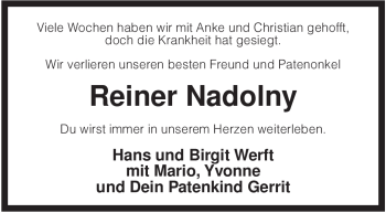 Todesanzeige von Reiner Nadolny von KREISZEITUNG SYKE