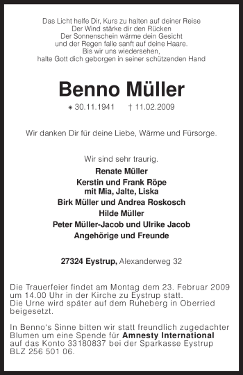 Todesanzeige von Benno Müller von KREISZEITUNG SYKE