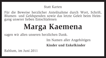 Todesanzeige von Marga Kaemena von KREISZEITUNG SYKE