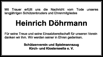 Todesanzeige von Heinrich Döhrmann von KREISZEITUNG SYKE