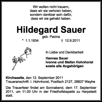 Todesanzeige von Hildegard Sauer von KREISZEITUNG SYKE