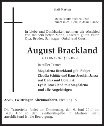 Todesanzeige von August Brackland von KREISZEITUNG SYKE