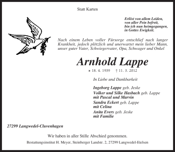 Todesanzeige von Arnhold Lappe von KREISZEITUNG SYKE