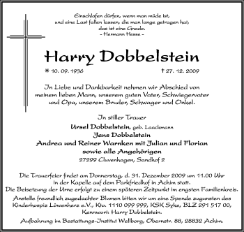 Todesanzeige von Harry Dobbelstein von KREISZEITUNG SYKE
