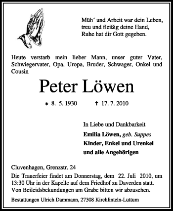 Todesanzeige von Peter Löwen von KREISZEITUNG SYKE