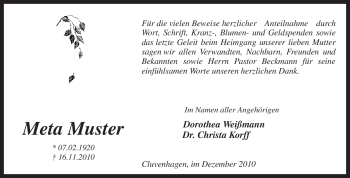 Todesanzeige von Meta Muster von KREISZEITUNG SYKE