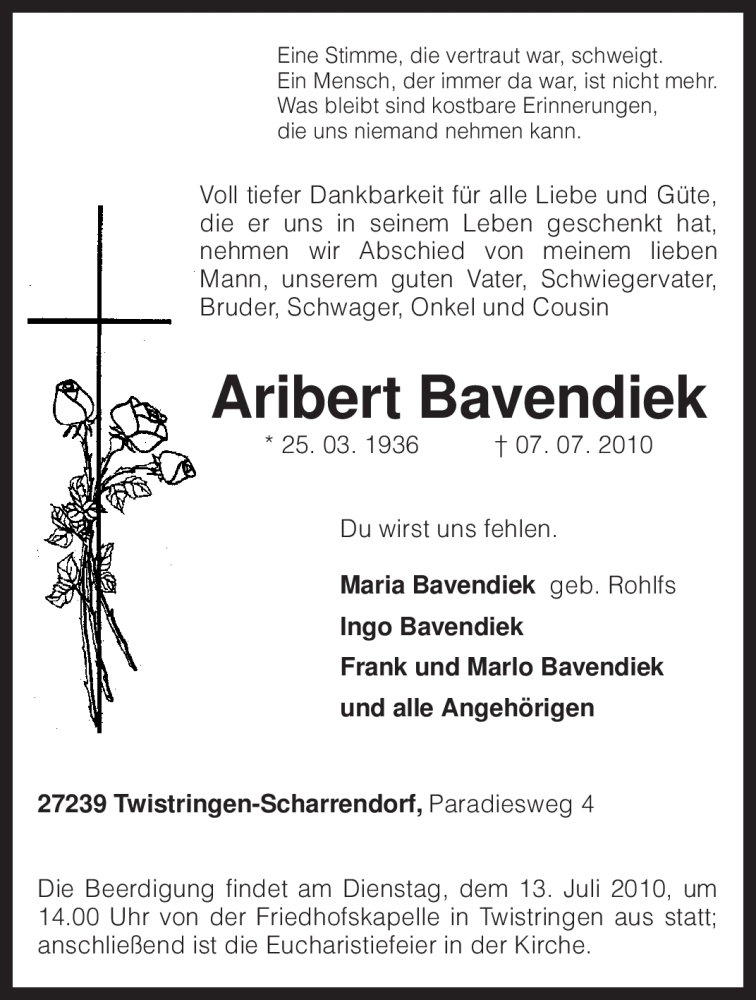  Traueranzeige für Aribert Bavendiek vom 09.07.2010 aus KREISZEITUNG SYKE