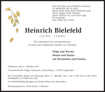 Todesanzeige von Heinrich Bielefeld von KREISZEITUNG SYKE
