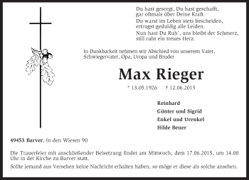 Todesanzeige von Max Rieger von KRZ