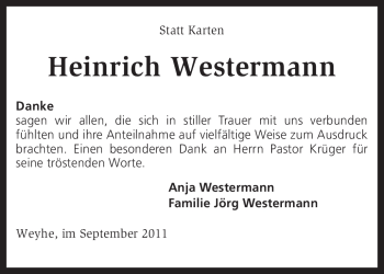 Todesanzeige von Heinrich Westermann von KREISZEITUNG SYKE