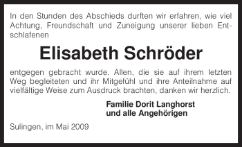 Todesanzeige von Elisabeth Schröder von KREISZEITUNG SYKE