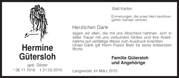 Todesanzeige von Hermine Gütersloh von KREISZEITUNG SYKE