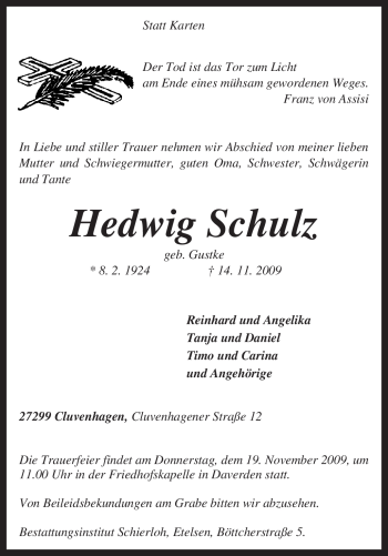 Todesanzeige von Hedwig Schulz von KREISZEITUNG SYKE