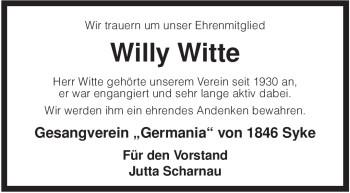 Todesanzeige von Willy Witte von KREISZEITUNG SYKE