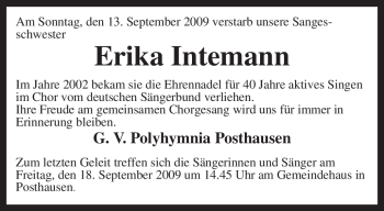 Todesanzeige von Erika Intemann von KREISZEITUNG SYKE