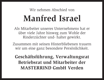 Todesanzeige von Manfred Israel von KREISZEITUNG SYKE