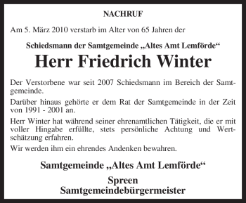 Todesanzeige von Friedrich Winter von KREISZEITUNG SYKE