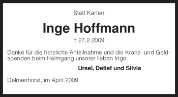 Todesanzeige von Inge Hoffmann von KREISZEITUNG SYKE