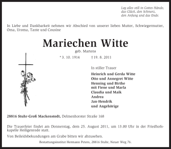 Todesanzeige von Mariechen Witte von KREISZEITUNG SYKE
