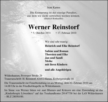 Todesanzeige von Werner Reinstorf von KREISZEITUNG SYKE