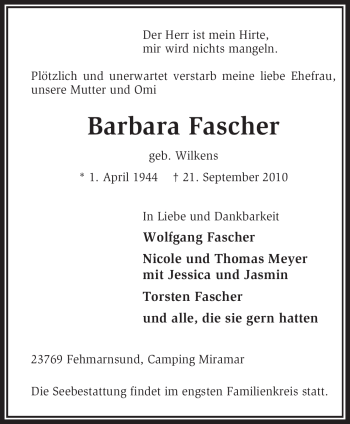 Todesanzeige von Barbara Fascher von KREISZEITUNG SYKE