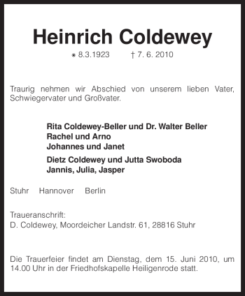 Todesanzeige von Heinrich Coldewey von KREISZEITUNG SYKE