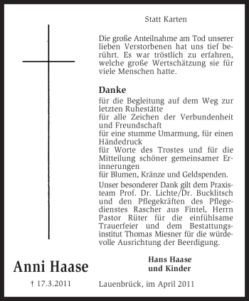 Todesanzeige von Anni Haase von KREISZEITUNG SYKE