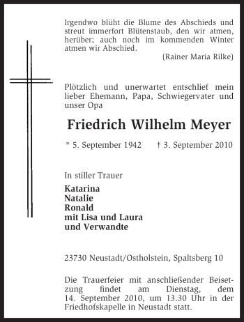 Todesanzeige von Friedrich Wilhelm Meyer von KREISZEITUNG SYKE