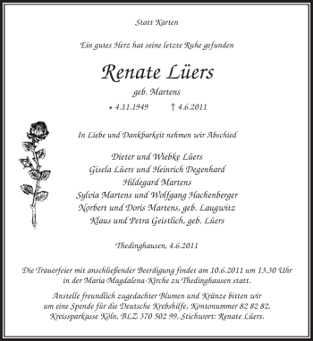 Todesanzeige von Renate Lüers von KREISZEITUNG SYKE