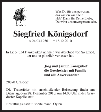 Todesanzeige von Siegfried Königsdorf von KREISZEITUNG SYKE