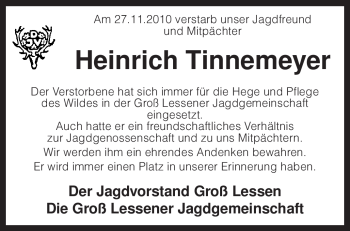 Todesanzeige von Heinrich Tinnemeyer von KREISZEITUNG SYKE
