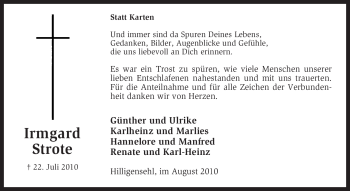 Todesanzeige von Irmgard Strote von KREISZEITUNG SYKE