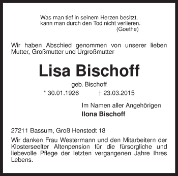 Todesanzeige von Lisa Bischoff von KRZ