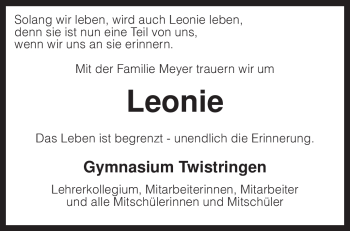 Todesanzeige von Leonie Unbekannt von KREISZEITUNG SYKE