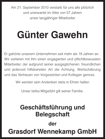 Todesanzeige von Günter Gawehn von KREISZEITUNG SYKE