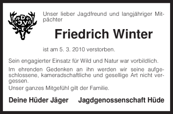 Todesanzeige von Friedrich Winter von KREISZEITUNG SYKE