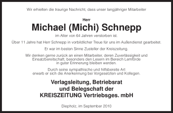 Todesanzeige von Michael Schnepp von KREISZEITUNG SYKE