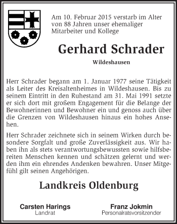 Todesanzeige von Gerhard Schrader von KRZ