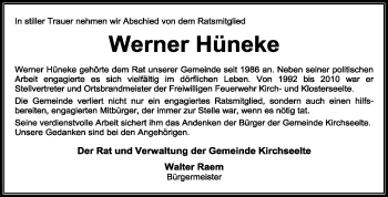 Todesanzeige von Werner Hüneke von KREISZEITUNG SYKE