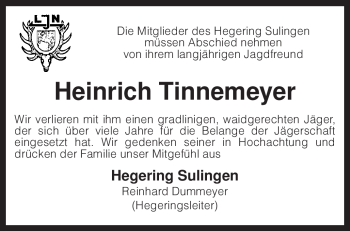 Todesanzeige von Heinrich Tinnemeyer von KREISZEITUNG SYKE