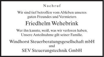 Todesanzeige von Friedhelm Wehebrink von KREISZEITUNG SYKE
