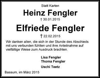 Todesanzeige von Heinz und Elfriede  Fengler von KRZ