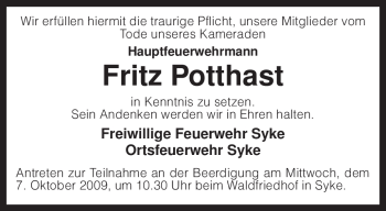 Todesanzeige von Fritz Potthast von KREISZEITUNG SYKE