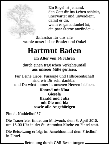 Todesanzeige von Hartmut Baden von KRZ