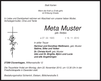 Todesanzeige von Meta Muster von KREISZEITUNG SYKE
