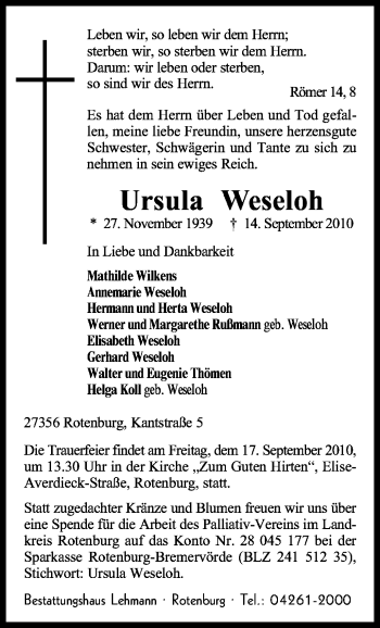 Todesanzeige von Ursula Weseloh von KREISZEITUNG SYKE